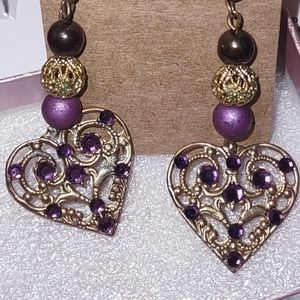 Vintage Purple Crystal Antique Gold-colored Heart Earrings